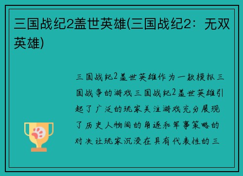 三国战纪2盖世英雄(三国战纪2：无双英雄)